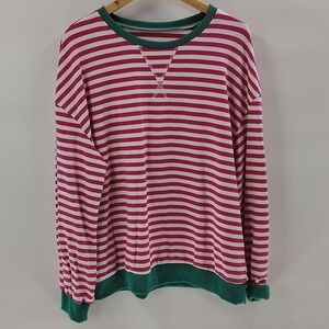 Pink White Stripe Green Trim Sweatshirt Size Large Oversized